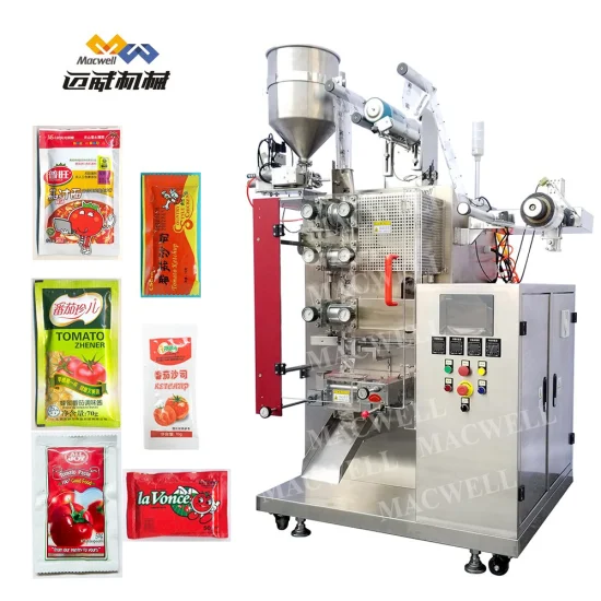 Macwell Automatic Sachet Pouch Vertical Sealing Filling Food Packaging Packing Machine mit Sauce/Tomatenpaste/Öl/Nudelgewürz/Ketchup/Kaffee/Erdnussbutter